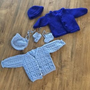 Handmade Crocheted Baby Sweaters Hats Booties Blue